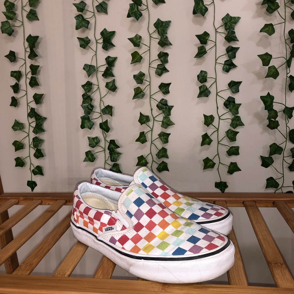 rainbow. checkered slip on vans